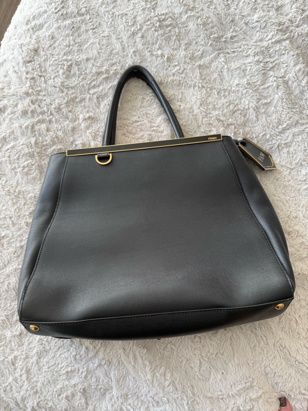 Fendi Black Leather Structured Tote with Gold Accents